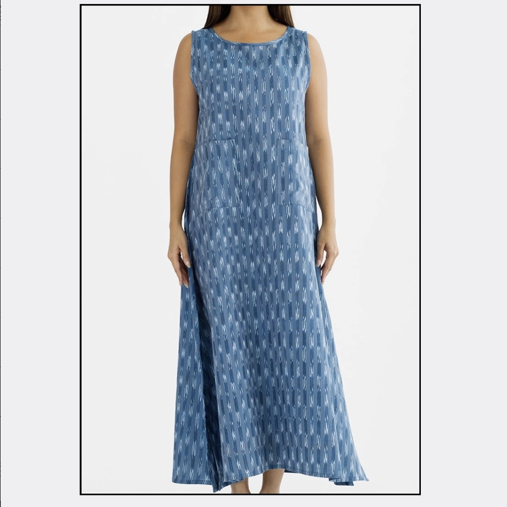 NEW! Savya Handmade Neela Ikat Handloom Dress Blue Steel 100% Cotton SZ S/M L/XL - Picture 3 of 8